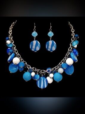 Turquoise Blue Cluster Bead Statement Necklace Earring Set Fashion Jewelry New